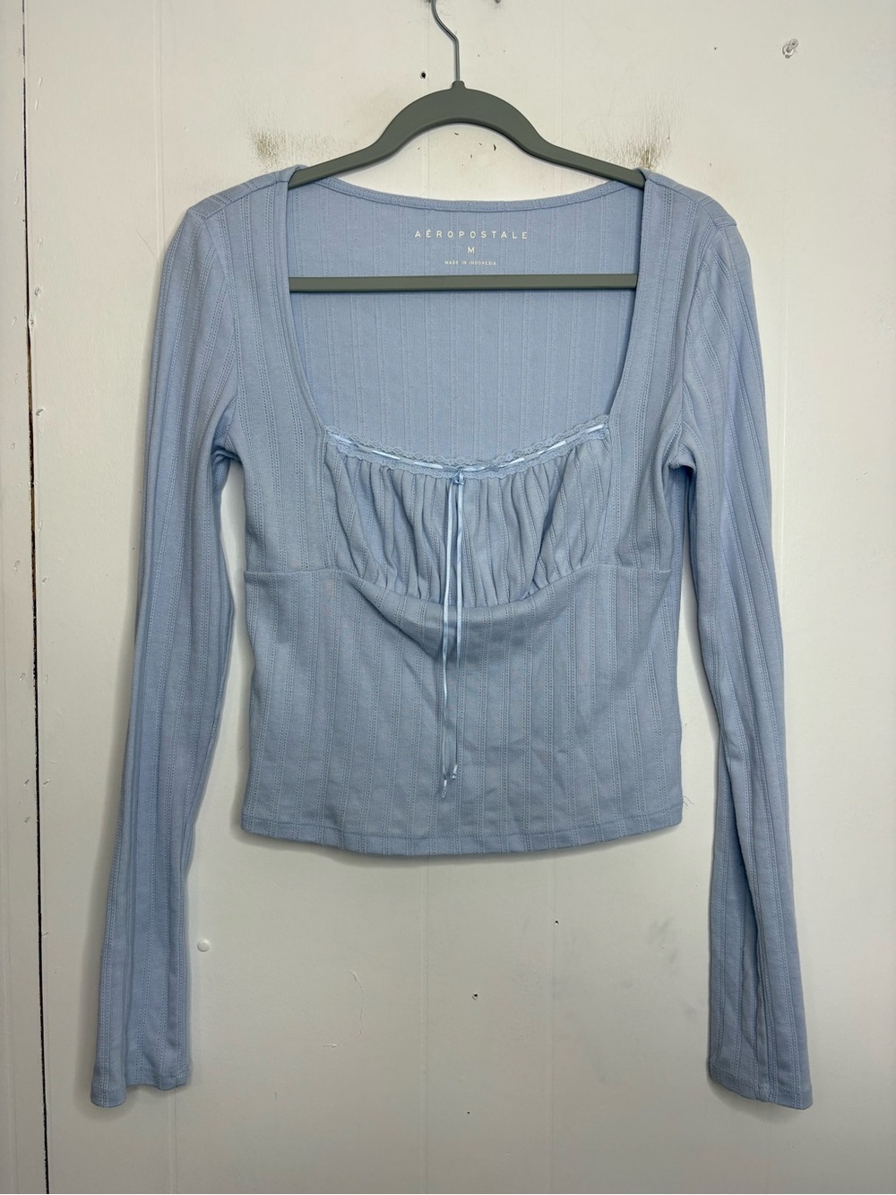 Aeropostale Top Womens Medium Periwinkle Square Neck Soft Girl Ballet Ruffle